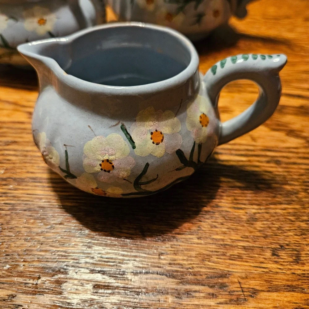FB Italy Vintage Hand Painted Floral Tea Set Blue Ceramic Teapot Creamer Sugar